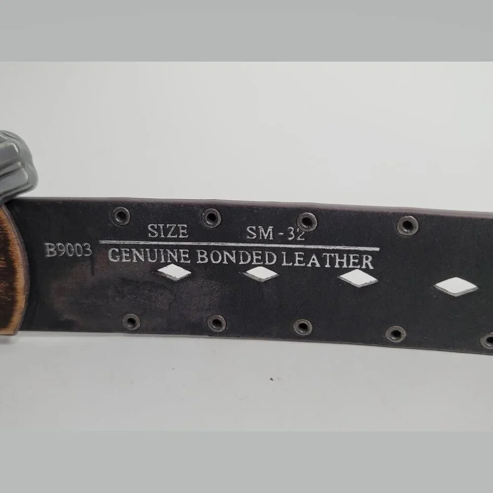 Leather Belt Sz Small 32 Gun Pistol Wings Buckle Brown Embossed‎ Studded Western